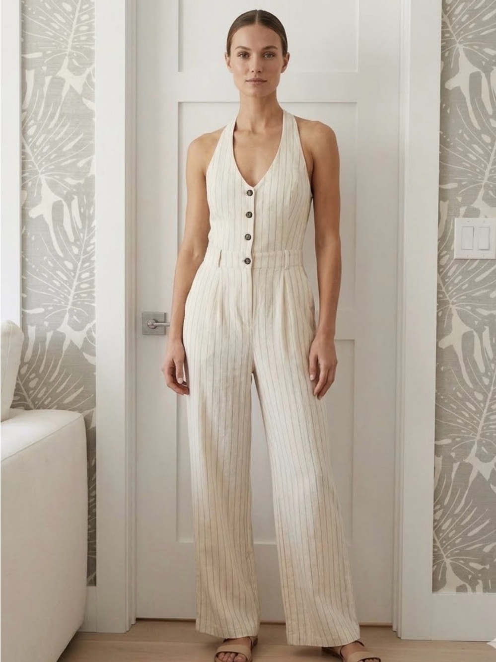 NWT Monteau Women's Cream/White Linen Pinstripe Palazzo Jumpsuit - XS